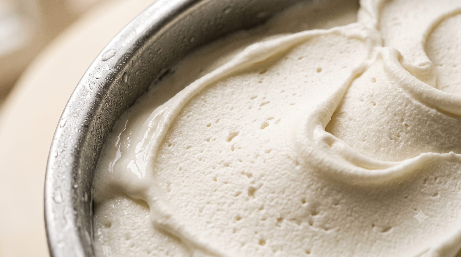 Close-up of fiordilatte gelato inside a frosted steel carapina, rippled by the spade