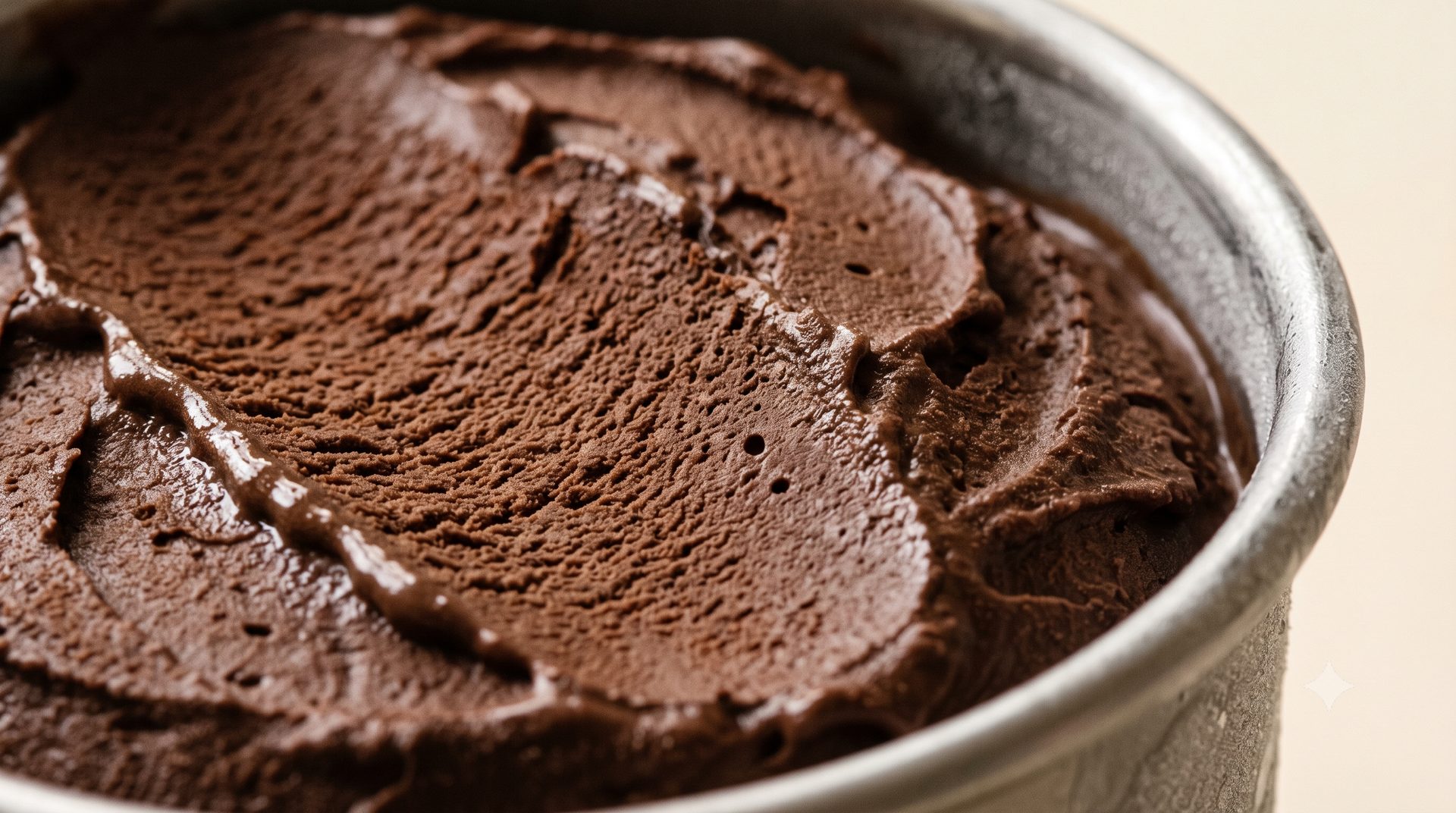 Dark chocolate gelato, near-black and glossy, carved by the spade inside a frosted carapina