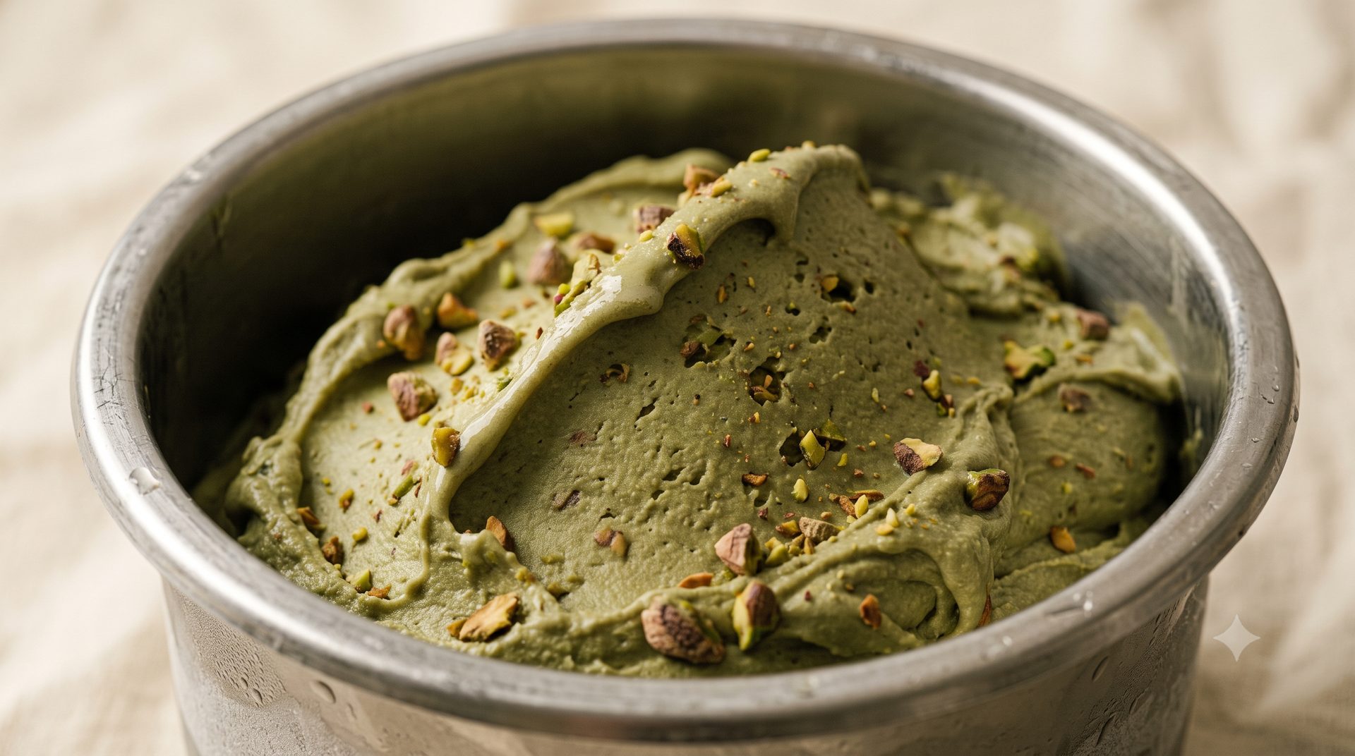 Pistachio gelato in a wide carapina, olive green and rippled by the spade, scattered with crushed roasted pistachio
